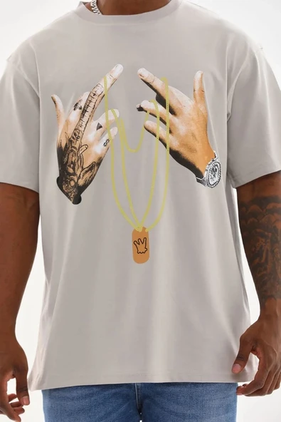 Erkek Baskılı T-Shirt Kısa Kol Bisiklet Yaka Rahat Kalıp Tişört - Gri ürün görseli 1