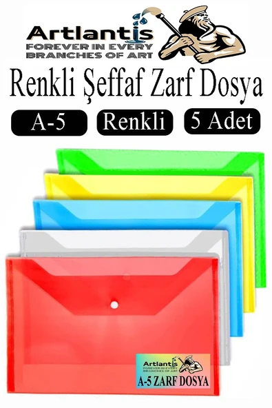 A5 Çıtçıtlı Dosya Şeffaf Renkli Zarf Dosya 5 Renk 17x22 cm Çıt Çıtlı Dosya Su Geçirmez 50 Yaprak Kapasiteli ürün görseli 1