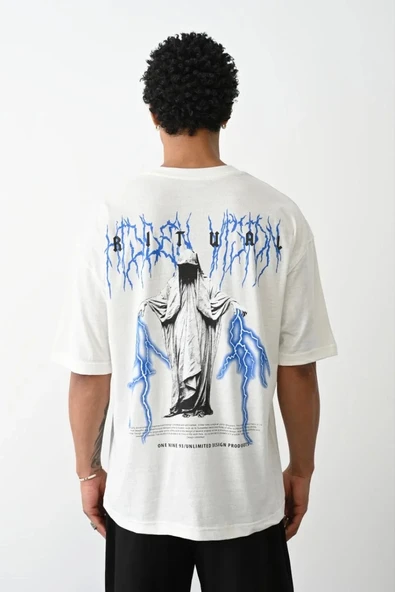 Erkek Kısa Kol Yazlık Tişört Bisiklet Yaka Baskılı Oversize T-Shirt -  Beyaz ürün görseli 1