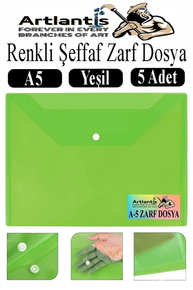 Yeşil A5 Çıtçıtlı Dosya Şeffaf Renkli Zarf Dosya 5 Adet 17x22 cm Çıt Çıtlı Dosya Su Geçirmez 50 Yaprak Kapasiteli ürün görseli 1