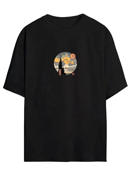 Kadın Baskılı T-Shirt Kısa Kol Bisiklet Yaka Ovarsize Rahat Kalıp Tişört -  Siyah P250723S9927 ürün görseli 1