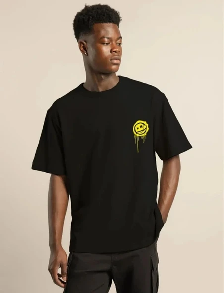 ERKEK Bisiklet Yaka Baskılı  Kısa kol Oversize T-Shirt - Siyah P250745S5428 ürün görseli 1
