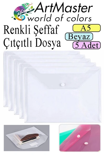 Beyaz A5 Çıtçıtlı Dosya Şeffaf Renkli Zarf Dosya 5 Adet 17x22 cm Çıt Çıtlı Dosya Su Geçirmez 50 Yaprak Kapasiteli ürün görseli 1