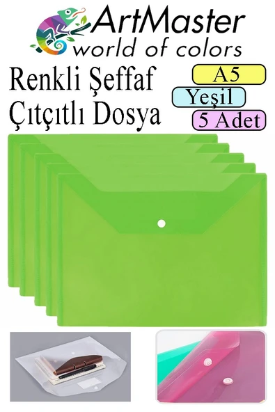 Yeşil A5 Çıtçıtlı Dosya Şeffaf Renkli Zarf Dosya 5 Adet 17x22 cm Çıt Çıtlı Dosya Su Geçirmez 50 Yaprak Kapasiteli ürün görseli 1