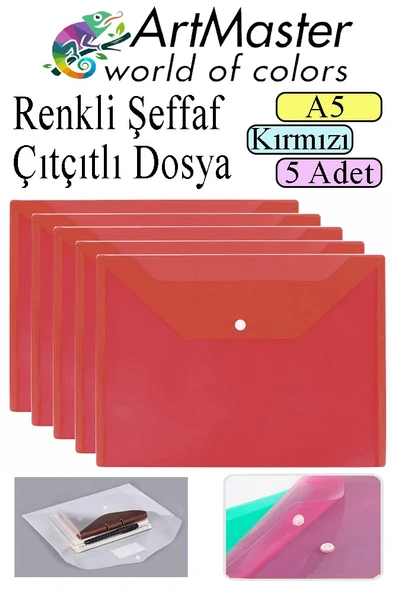Kırmızı A5 Çıtçıtlı Dosya Şeffaf Renkli Zarf Dosya 5 Adet 17x22 cm Çıt Çıtlı Dosya Su Geçirmez 50 Yaprak Kapasiteli ürün görseli 1