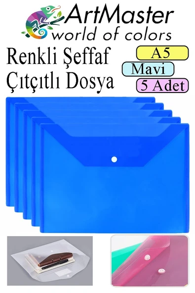 Mavi A5 Çıtçıtlı Dosya Şeffaf Renkli Zarf Dosya 5 Adet 17x22 cm Çıt Çıtlı Dosya Su Geçirmez 50 Yaprak Kapasiteli ürün görseli 1