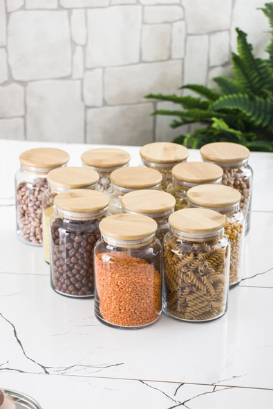 12 Lü Set Bambu Kapaklı Cam Kavanoz & Erzak Saklama Kabı 800 ml Orta  Boy ( Vakum Kapak ) ürün görseli 1