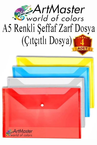 A5 Çıtçıtlı Dosya Şeffaf Renkli Zarf Dosya 4 Renk 17x22 cm Çıt Çıtlı Dosya Su Geçirmez 50 Yaprak Kapasiteli ürün görseli 1