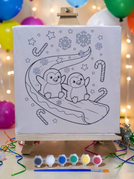 Çocuklar İçin Tuval Boyama Seti Sevimli Penguen 19x19 Cm (Tuval, Şövale, Fırça ve 6 Renk Akrilik Boya Seti) ürün görseli 1
