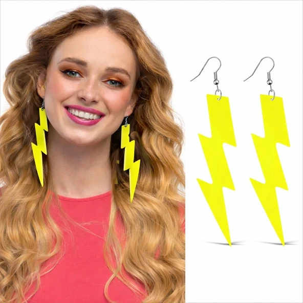 80 ler 90'lar Retro Neon Sarı Şimşek Küpe 10 Cm ürün görseli 1