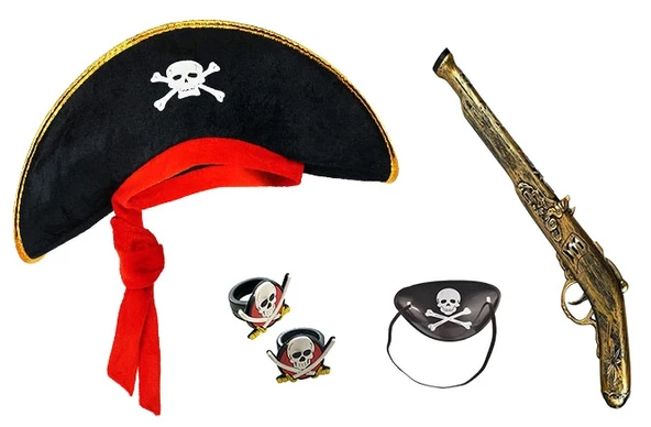 Korsan Şapkası + Tabanca + Maske + 2 Adet Yüzük Kostüm Seti Çocuk ürün görseli 1