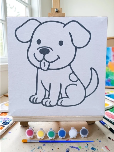 Çocuklar İçin Tuval Boyama Seti Sevimli Köpek 19x19 Cm (Tuval, Şövale, Fırça ve 6 Renk Akrilik Boya Seti) ürün görseli 1