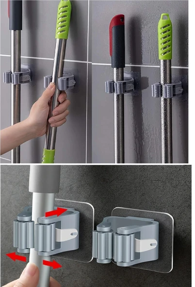 3 Lü Renkli  Yapışkanlı Mop Fırça Çek Pas Sap Tutucu Organizer Mutfak Banyo Düzenleyici ürün görseli 1