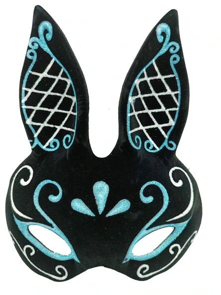 Siyah Renk Mavi Beyaz Simli Siyah Süet Kaplama Tavşan Maskesi 18x16 Cm ürün görseli 1