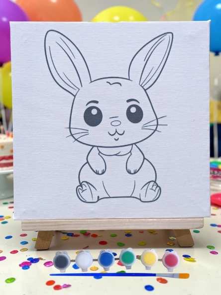 Çocuklar İçin Tuval Boyama Seti Sevimli Tavşan 19x19 Cm (Tuval, Şövale, Fırça ve 6 Renk Akrilik Boya Seti) ürün görseli 1
