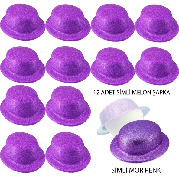 Mor Renk Simli Melon Yuvarlak Parti Şapkası 12 Adet ürün görseli 1