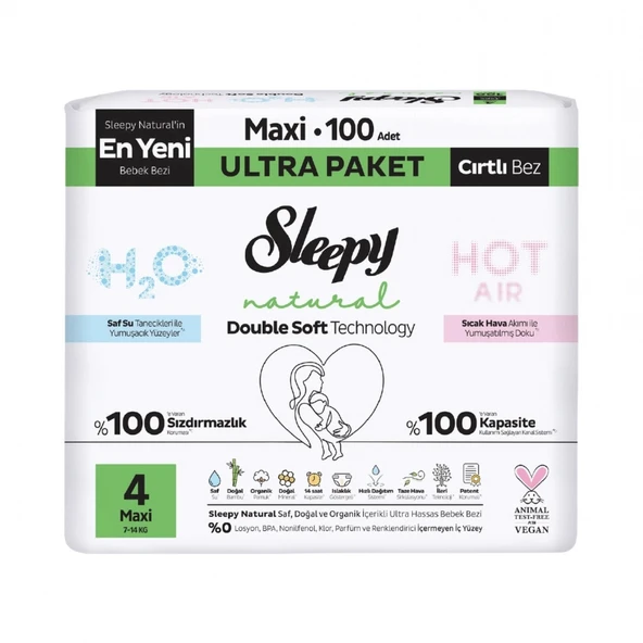 Sleepy Natural Double Soft Bebek Bezi Ultra Paket 4 Beden 100 Adet ürün görseli 1