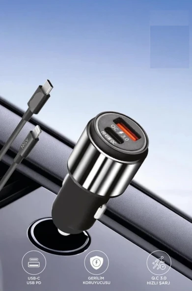 Araç Şarj Başlık 45w Hızlı Şarj Çift Girişli Lightnıng Usb  Araç Şarj Başlık Ultra Hızlı ürün görseli 1