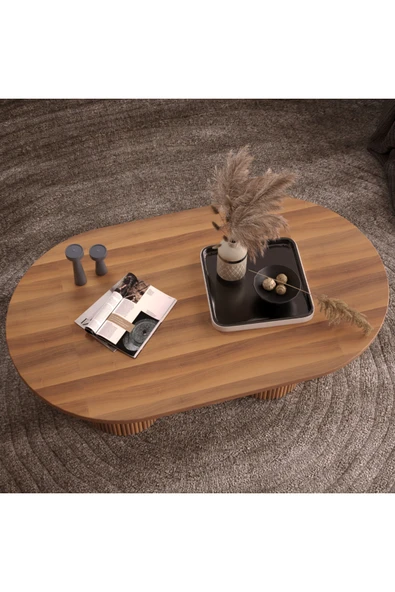 klubeconcept Bohem Ceviz Desenli Oval Orta Sehpa - Silindirik Ayaklı Modern Tasarım 100 % MDF ürün görseli 1