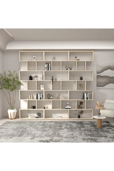 klubeconcept Yerden Tavana Traverten Desenli Kitaplık Dekoratif Büyük Boy Raf Ünitesi 100% MDF ürün görseli 1