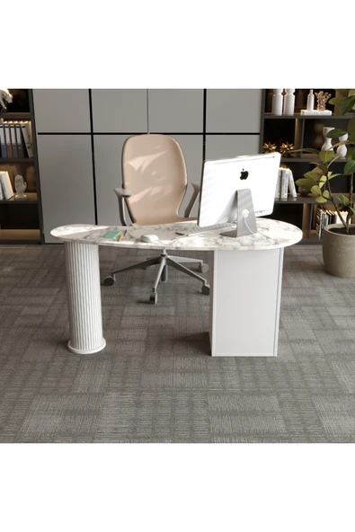 klubeconcept Mermer Desenli Modern Ofis Masası Yivli Silindirik Ayaklı 3 Çekmeceli MDF Çalışma Masası 180 cm ürün görseli 1