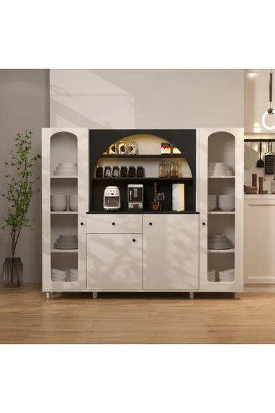 klubeconcept İnci Camlı LED’li Kahve Ünitesi %100 MDF Membran Çok Amaçlı Mutfak Dolabı ürün görseli 1