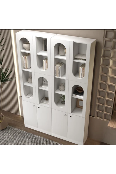 klubeconcept MİHRAP Beyaz Kemer Formlu Kitaplık Ünitesi Vitrin | 140×30×210 cm ürün görseli 1