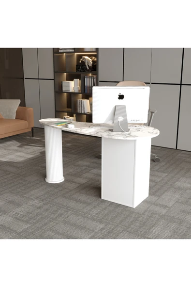 klubeconcept Mermer Desenli Modern Ofis Masası Yivli Silindirik Ayaklı 3 Çekmeceli MDF Çalışma Masası 120 cm ürün görseli 1