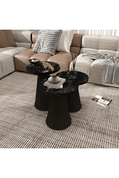 klubeconcept Siyah Mermer Desenli MDF Yan Sehpa Takımı – 3’lü Set ürün görseli 1