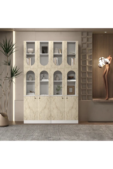 klubeconcept DERGÂH Beyaz Nişli Kemer Formlu Kitaplık Ünitesi | 140×30×210 cm ürün görseli 1