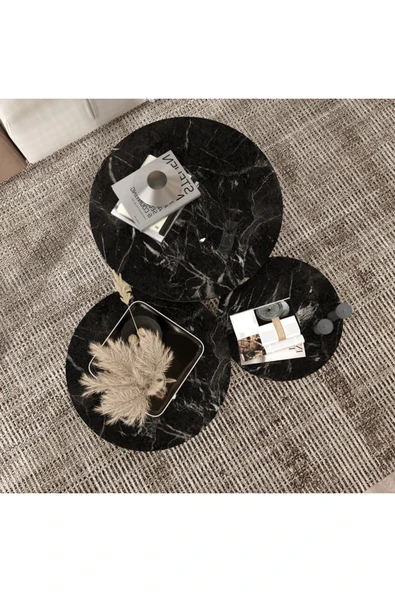 klubeconcept Mermer Desenli Modern Orta Sehpa Seti 3’lü Yivli Silindirik Ayaklı MDF Zigon Sehpa Takımı ürün görseli 1