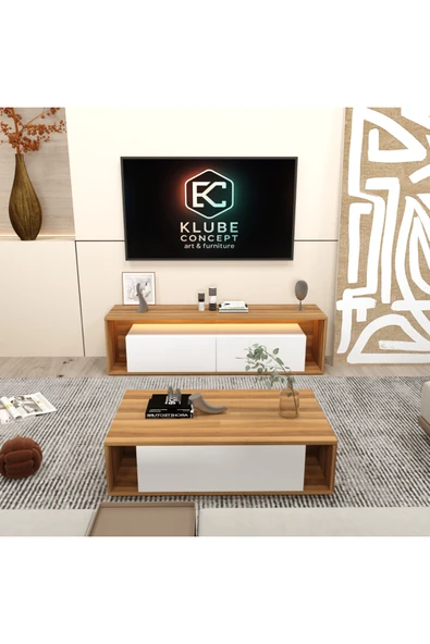 klubeconcept Modern Travertan Mermer Desenli TV Ünitesi Orta Sehpa Seti – Beyaz Kapaklı LED’li Takım %100 MDF ürün görseli 1