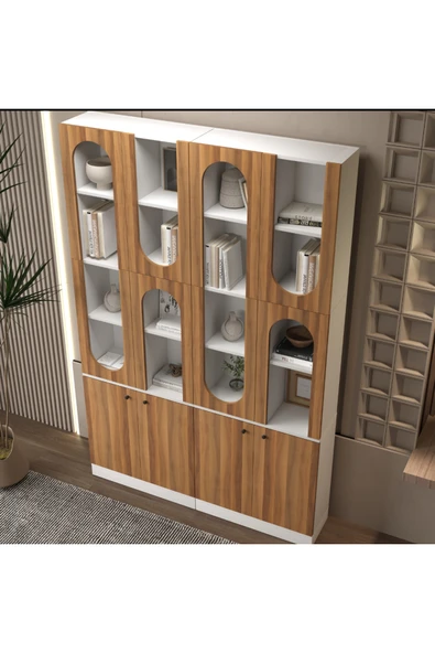 klubeconcept MİHRAP Beyaz Kemer Formlu Kitaplık Ünitesi Vitrin | 140×30×210 cm ürün görseli 1