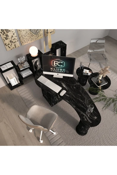 klubeconcept Athena Kolon Ayaklı Sİyah Mermer Desen Çalışma Masası Ofis Takımı %100 MDF ürün görseli 1