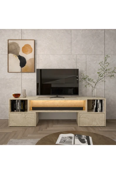 klubeconcept Berlin Modern LED Işıklı 2 Kapaklı Ayarlabilir Raflı TV Sehpası Travertan 192 cm ürün görseli 1