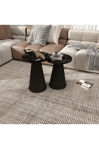 klubeconcept MDF Beyaz Yivli Silindirik Yan Sehpa Seti Mermer Desenli Üst Tablalı ürün görseli 1