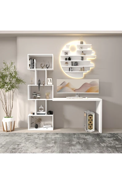 klubeconcept Modern LED Aydınlatmalı Çalışma Masası Seti Raf Kitaplık Masa Takımı ürün görseli 1