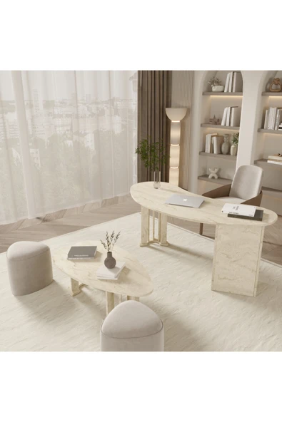 klubeconcept MİZAN Oval Beyaz Çalışma Masası & Sehpa Modern Minimal Ofis Seti %100 MDF ürün görseli 1