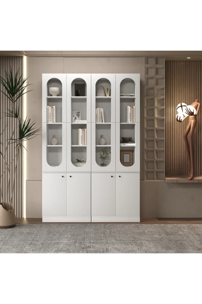 klubeconcept KUBBE Beyaz Kemer Formlu Kitaplık Ünitesi Vitrin 140x30x210 ürün görseli 1