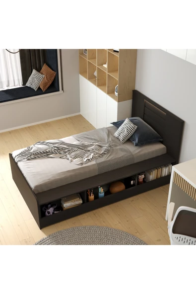 klubeconcept LED Işıklı Başlıklı Modern Kitaplıklı Yatak %100 MDF Tek Kişilik Model 110X195CM ürün görseli 1