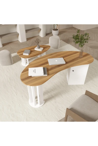 klubeconcept MİZAN Oval Beyaz Çalışma Masası & Sehpa Modern Minimal Ofis Seti %100 MDF ürün görseli 1