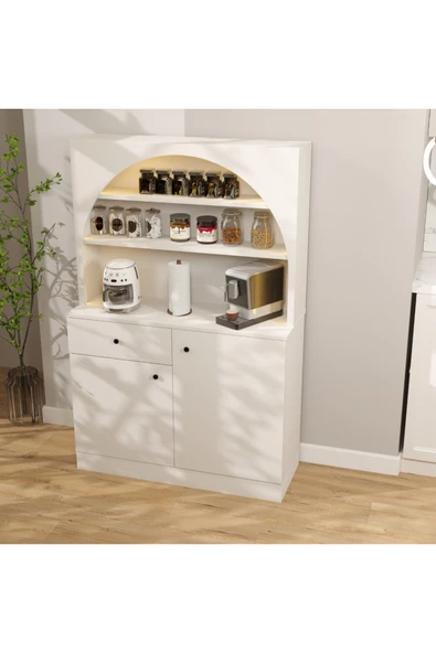 klubeconcept Beyaz Kemerli Mutfak Büfesi Kahve Köşesi Dolabı Raflı Servis Ünitesi %100 MDF ürün görseli 1