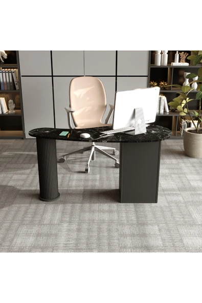 klubeconcept Mermer Desenli Modern Ofis Masası Yivli Silindirik Ayaklı 3 Çekmeceli MDF Çalışma Masası 180 cm ürün görseli 1