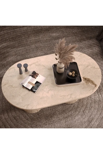 klubeconcept Bohem Traverten Desenli Oval Orta Sehpa - Silindirik Ayak Tasarımı 100% MDF ürün görseli 1