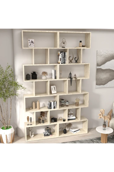 klubeconcept Yerden Tavana Traverten Desenli Kitaplık Dekoratif Büyük Boy Raf Ünitesi 100% MDF ürün görseli 1