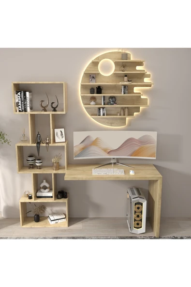 klubeconcept Modern LED Aydınlatmalı Çalışma Masası Seti Raf Kitaplık Masa Takımı ürün görseli 1