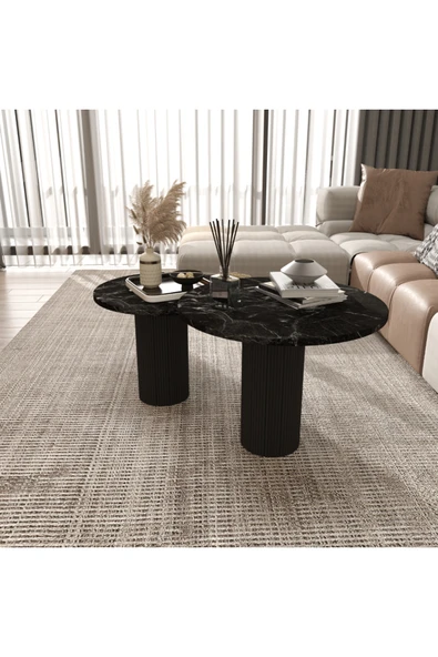 klubeconcept Mermer Desenli Modern Yan Sehpa Seti 2 li Yivli Silindirik Ayaklı MDF Orta Sehpa Takımı ürün görseli 1