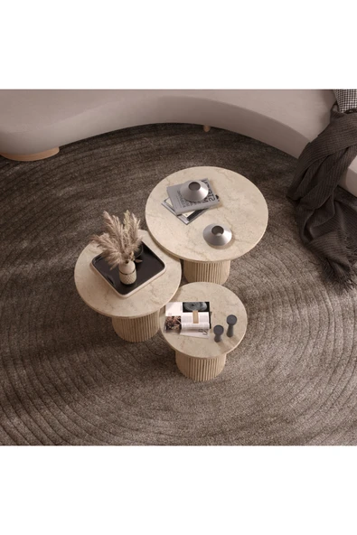 klubeconcept Bohem Traverten Desenli 3'lü Silindirik Orta Sehpa Seti 100% MDF ürün görseli 1