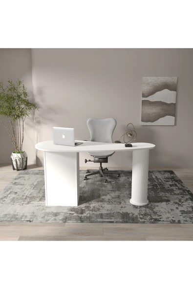klubeconcept Modern Oval Formlu Beyaz Çalışma Masası 100% MDF Şık ve Fonksiyonel Ofis Masası 150 cm ürün görseli 1