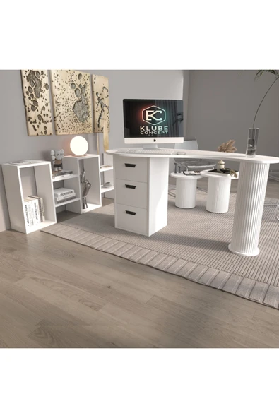 klubeconcept Athena Kolon Ayaklı Beyaz Çalışma Masası Ofis Takımı %100 MDF ürün görseli 1